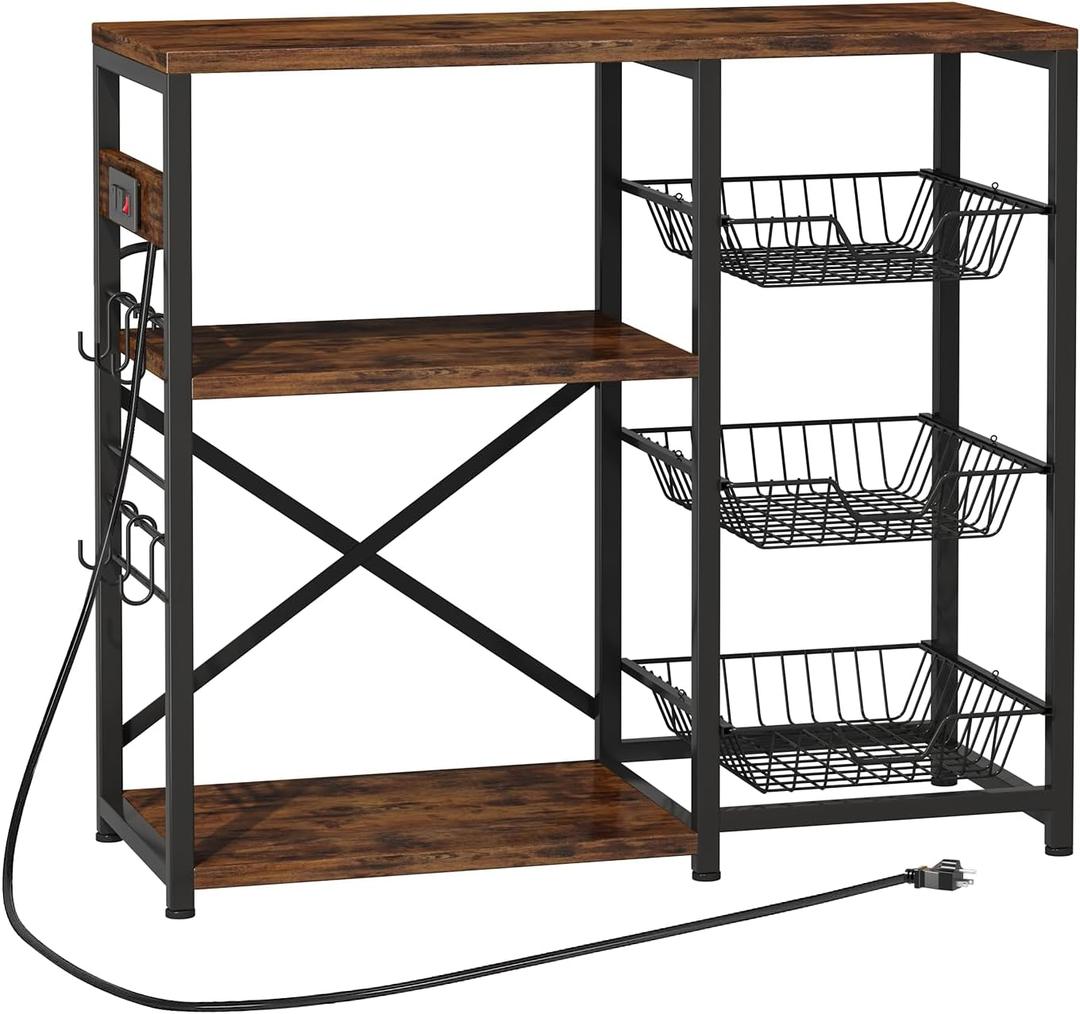 Homeiju Kitchen Island, Baker's Rack with Power Outlet, Microwave Stand, Coffee Bar with 3 Removable Wire Baskets, Kitchen Storage Rack with 6 S-Hooks for Spices, Pots and Pans - Rustic Brown