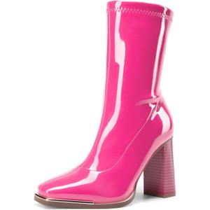 DREAM PAIRS Women's Square Toe Gogo Boots Elastic Ankle Boots High Chunky Block Heel Mid Calf Boots (6.5, Hot Pink)