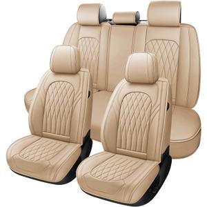 WELLDO Nappa Faux Leather Car Seat Cover Full Set, 5Seats,Beige