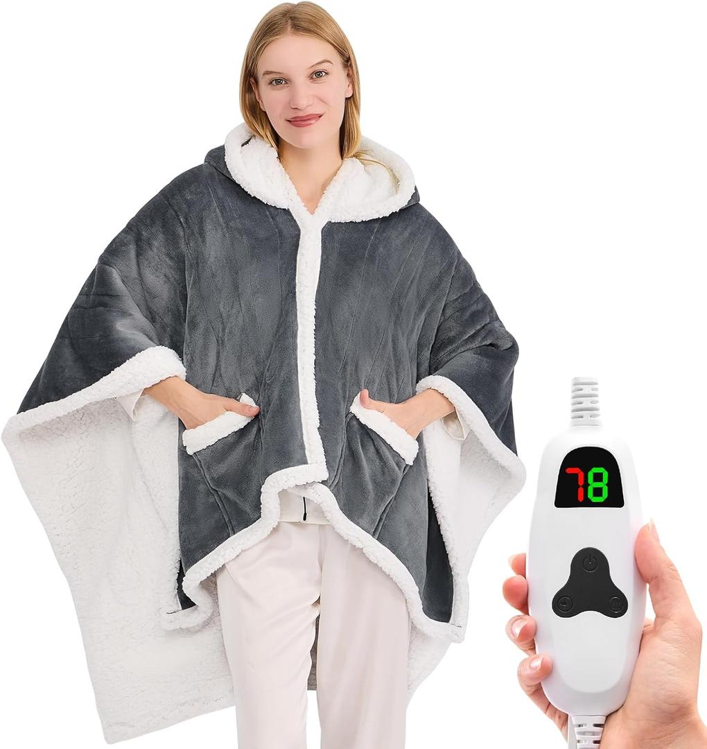 greenoak Wearable Heated Throw Blanket Electric Shawl - Heated Robe Poncho Blanket Hoodie for Adult, Winter Gifts for Mom (50"X60", A-charcoal Gray)