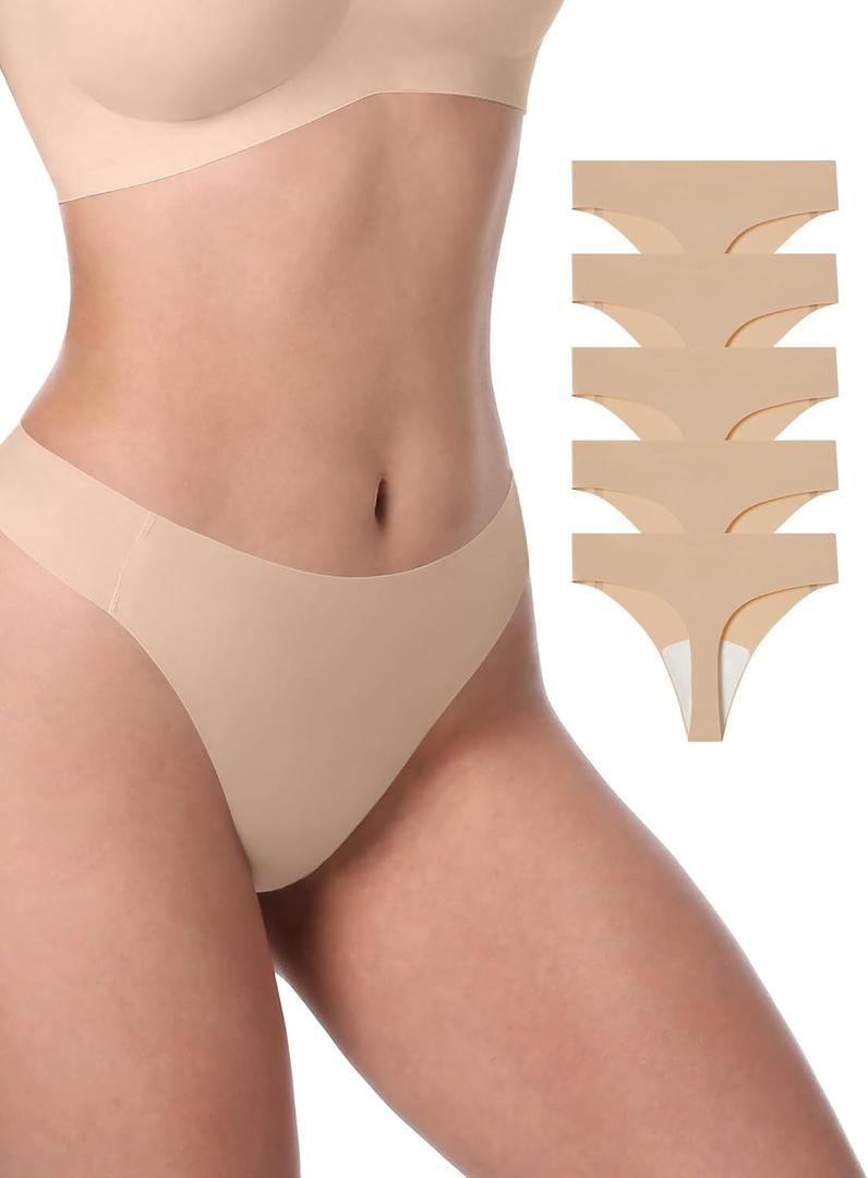 LUCKMEEY Seamless Thongs for Women No Show Thong Panties for Women No Line G-String Thongs Sexy Shapewear Underwear Pack (Small, 5p-caramel)
