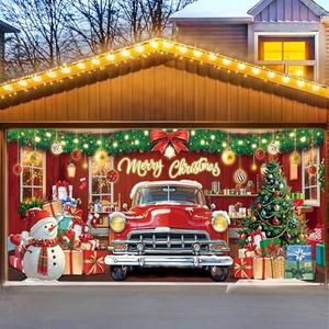Christmas Garage Door Cover Decoration – 16x7ft Large Red Truck & Snowman Backdrop, Merry Christmas Garage Door Banner, Outdoor Holiday Decoration for Garage, Porch, Yard