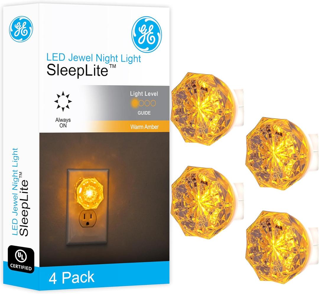 GE SleepLite Jewel LED Night Light, Plug-in, Always On, Amber, UL-Certified, Energy Efficient, Ideal Nightlight for Bedroom, Bathroom, Nursery, Hallway, Kitchen, 85881, 4 Pack