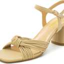 FINDVELL Women's Heeled Sandals Chunky Heel Strappy Metallic Braided Knotted Square Open Toe Ankle Strap Block Heel Sandals, Size 7.5