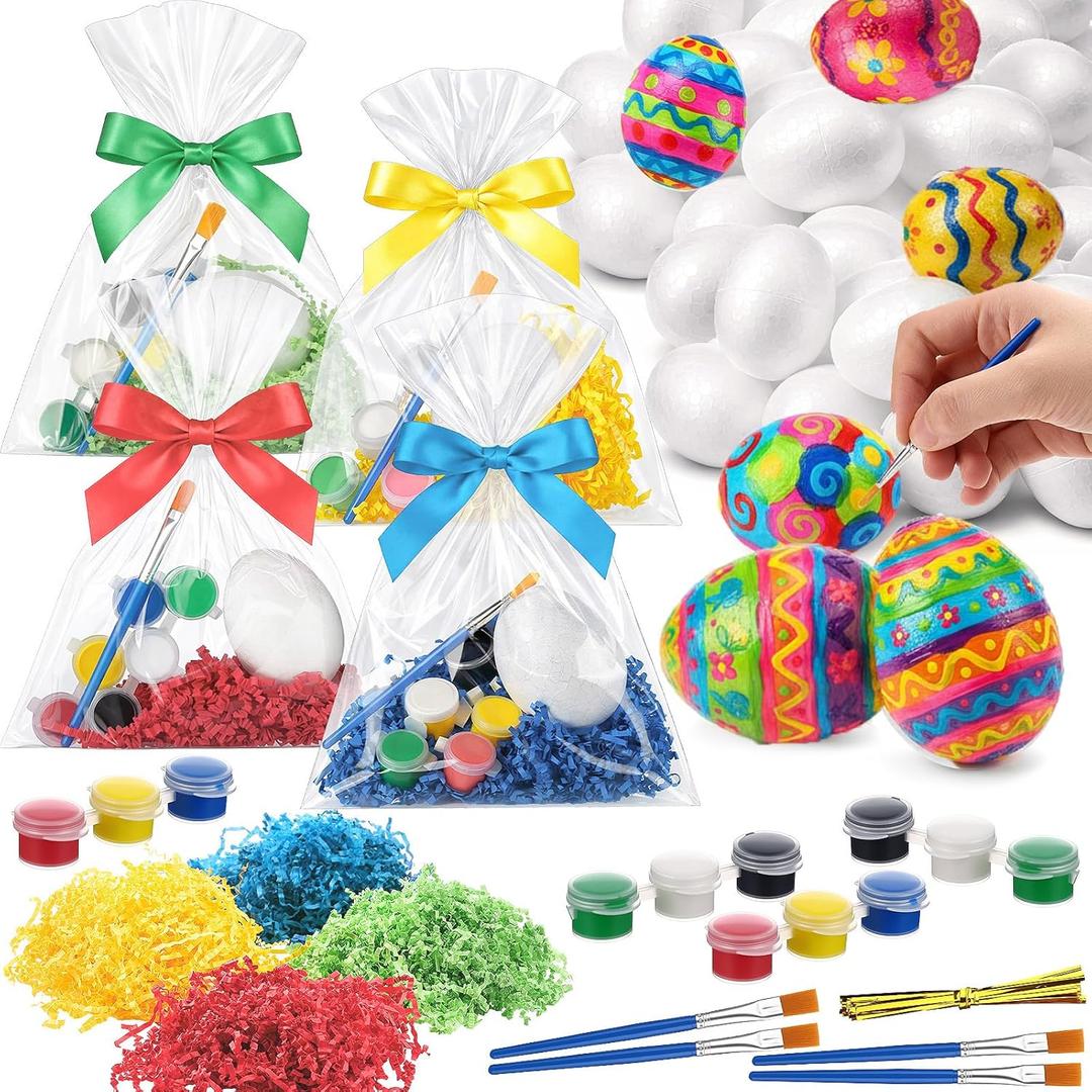 Teyva Daily 24 Sets/148 Pcs Easter Egg Painting Kit White Foam Eggs Brushes Easter Ornaments Decorations Paintable Unfinished DIY Craft Kits for Spring Classroom Party Favor Supplies