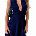 Sexy Deep V Neck Halter Glitter Bodycon Dress Sparkling Sleeveless Cocktail Party Dress Backless Women's Evening Clubwear (US, Alpha, XX-Large, Regular, Regular, Blue) (Blue, XXL)
