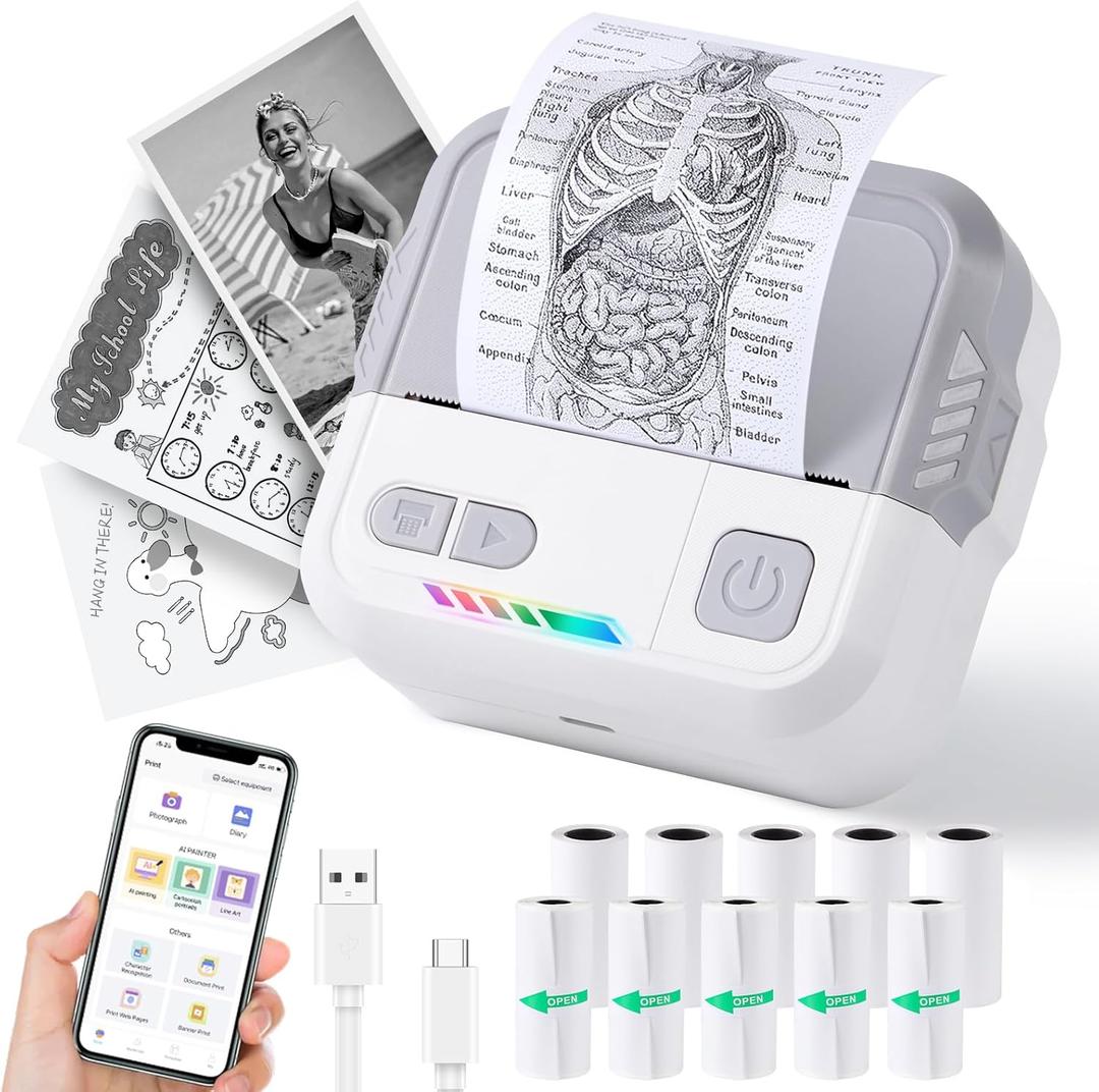 Print Pods Mini Printer, X100 Inkless Sticker Maker with 10 Rolls Printing Paper, Portable Pocket Phone Printpod, Impresora Porttil for Notes, Flashcards, Journal, DIY, Compatible with iOS & Android