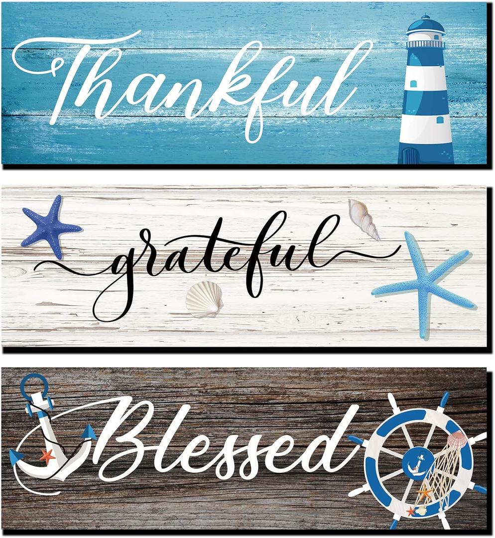 Yookeer 3 Pieces Thankful Grateful Blessed Wooden Signs Coastal Rustic Wood Signs Wall Decor Beach Wood Front Hanging for Farmhouse Outdoor Decor(Coastal Style)
