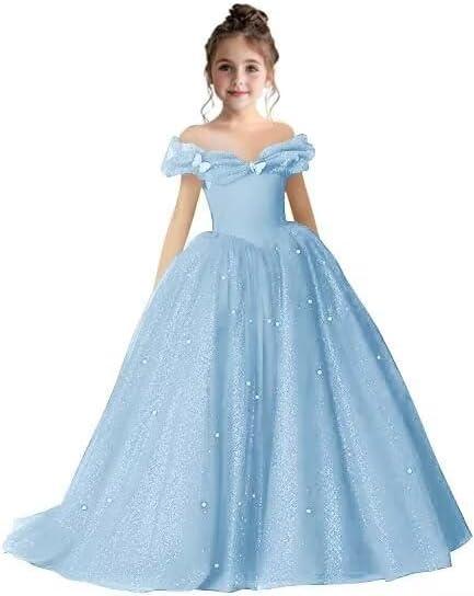 Flower Girl Dress Off Shoulder Pageant Dresses Girls Sparkling Formal Dress Birthday Party Ball Gowns (6, Light Blue)