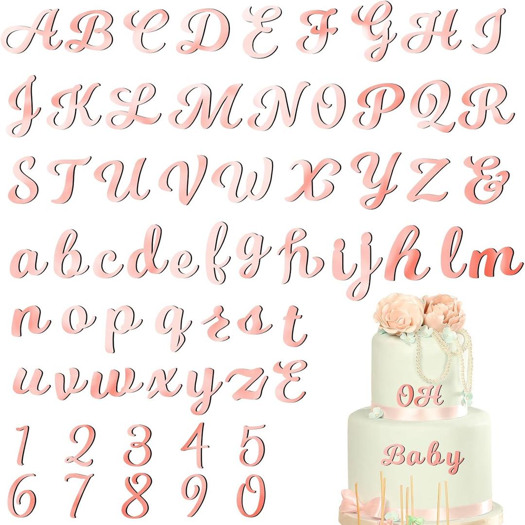 Jspupifip 64pcs Rose Gold Acrylic Cake Topper, Glitter Numbers & Alphabet Decor, Personalized Cake Picks for Anniversary, Baby Shower, Wedding Party Supplies