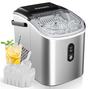 EUHOMY Countertop Ice Maker Machine with Handle, 26.3lbs Per Day, 9 Cubes in 6 Mins, Auto-Cleaning Portable Ice Maker with Basket and Scoop, for Home/Kitchen/Camping/RV (Silver) (26.5lbs/day, Steel Grey Silver)