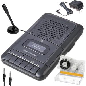 Deluxe Products Portable Cassette Player Tape Recorder. Record to Cassettes via Mic or Aux in. Built-in Speaker to Listen to Cassettes. Includes External Mic, Aux in Cable and AC Adapter