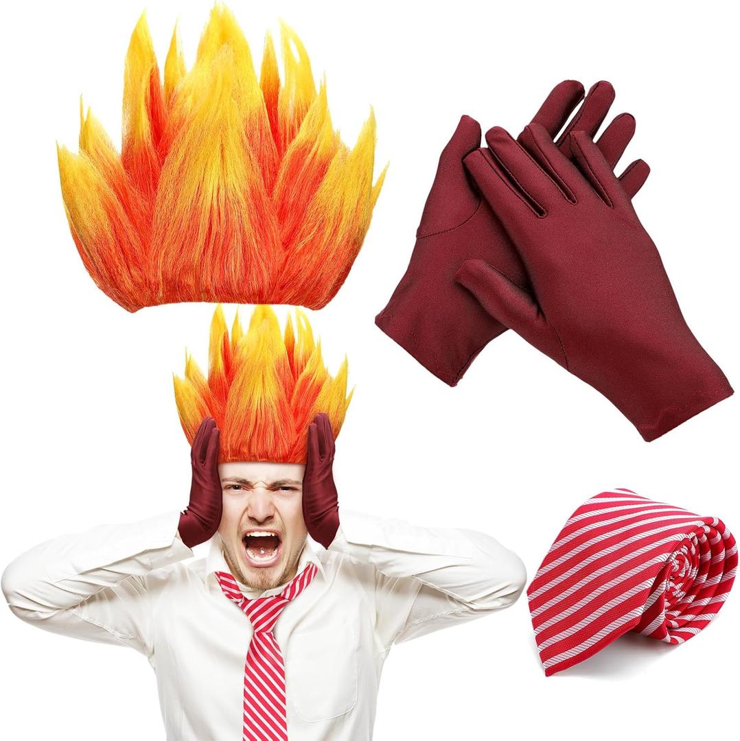 Toulite 3 Pcs Halloween Angry Dress Up Set Included 2 Toned Flame Wig Red Textured Tie Gloves Halloween Cosplay Costume for Men Adult Party Supplies