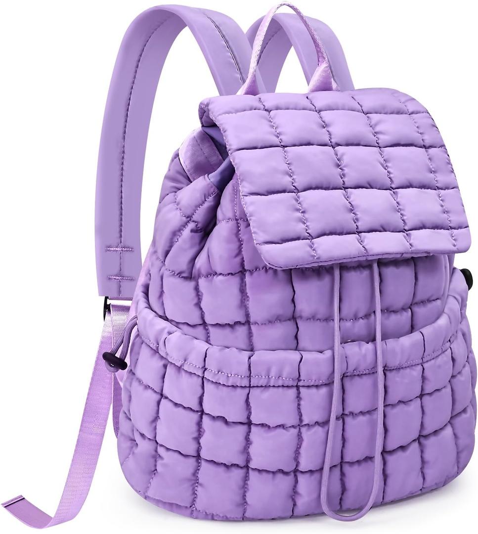 Quilted Puffer Backpack for Women Lightweight Soft Puffy Backpack Purse Casual Daily Drawstring Flap Daypack (Purple)