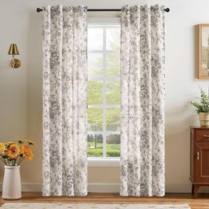 jinchan Linen Floral Curtains 84 Inch Length for Living Room Bedroom Light Filtering Farmhouse Peony Flower Drapes Rustic Window Curtain Set Rod Pocket Back Tab 2 Panels Black