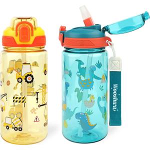 Kids Water Bottle for School or Travel, 20 Oz 2 Pack Durable Plastic Water Bottle with Silicone Straw and Pop-Up Spout Cover, BPA Free & Dishwasher Safe(Excavator & Dinosaur)