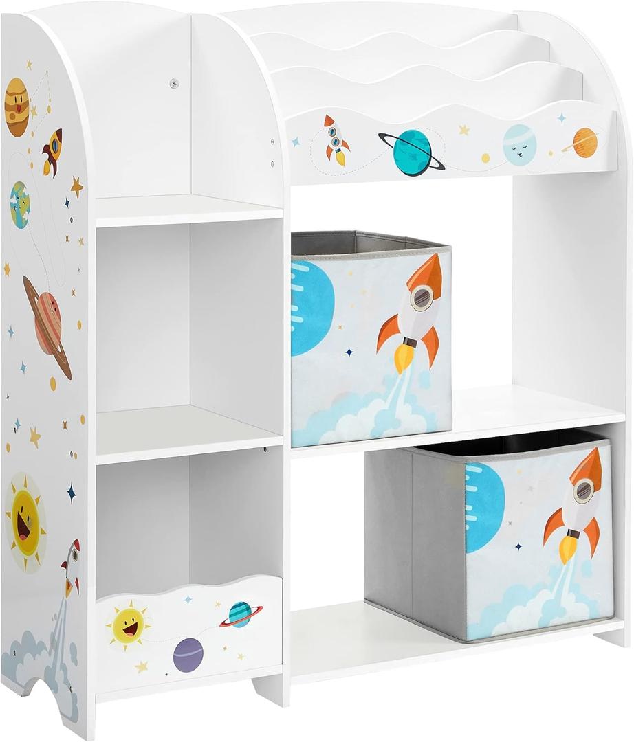 SONGMICS Toy and Book Organizer for Kids, Storage Unit with 2 Storage Boxes, for Playroom, Children's Room, Living Room, White UGKR42WT, 93 x 30 x 100 centimeters (Cloud White + Motif)