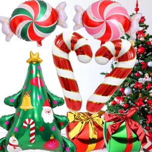 7 Pcs Christmas Balloons, Huge Red Green Candy Cane Tree Gift Box Aluminum Foil Balloons for Winter Wonderland Xmas Friendsmas Santa Claus Ugly Sweater Party Decoration Supplies