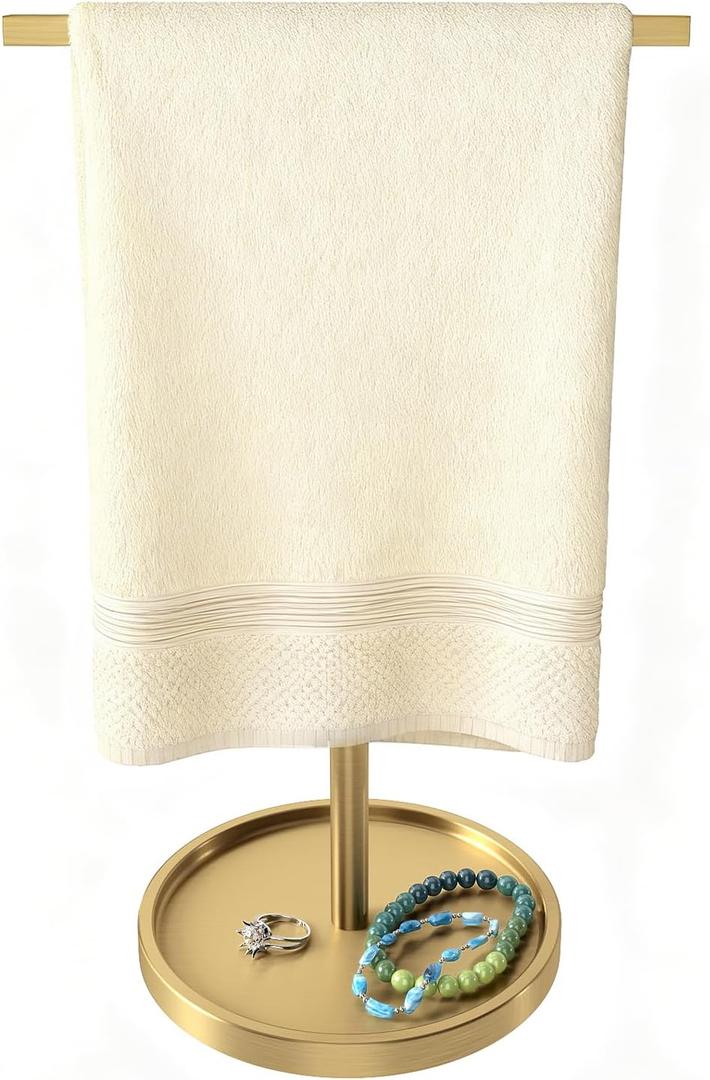 STWWO Hand Towel Holder Stand, T-Shape Countertop Hand Towel Stand for Bathroom Kitchen, Adjustable Hand Towel Holder, Gold