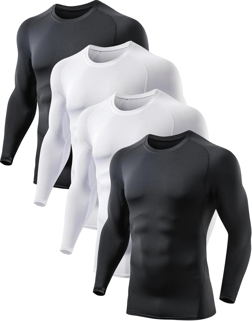 5 or 4 Pack Compression Shirts for Men Long Sleeve Athletic Base Layer Undershirt Gear T Shirt for Workout (Medium) Black/White