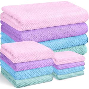 Preboun 12 Pcs Bath Towels and Washcloths 4 Sets Microfiber Bathroom Beach Pool Towel Set Quick Dry Coral Velvet Highly Absorbent for Fitness Sports Shower Travel Spa Hotel(Pastel Colors)