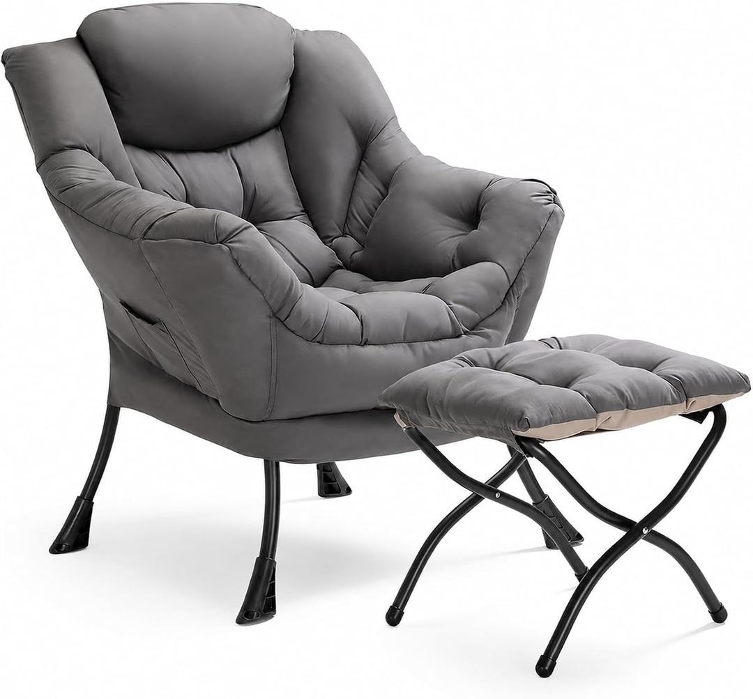 Lazy Chair with Ottoman, Comfy Accent Reading Chair
Foldable Footrest,Removable Cover,with Armrests and Side Pockets,Upholstered Lounge Chair for Bedroom,Dorm,Office,Small Space