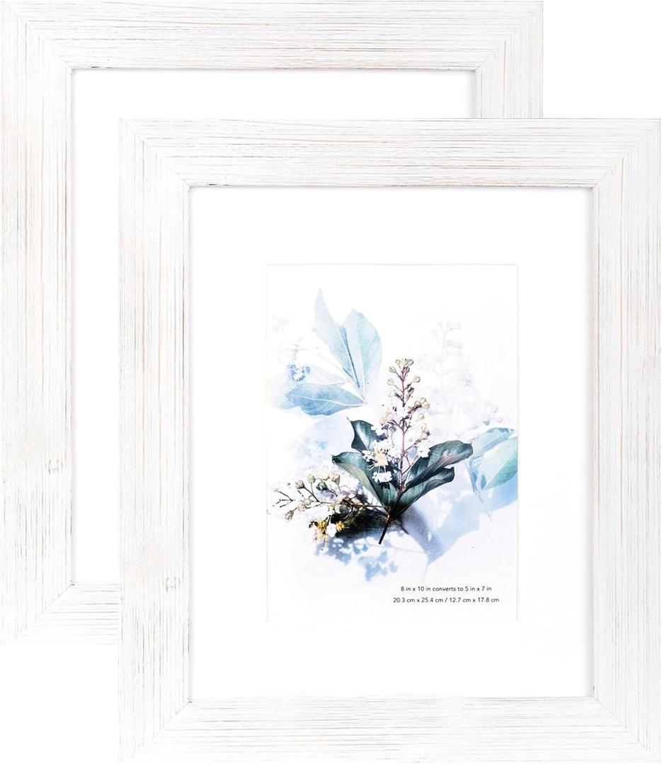 KAIWIN 100% Solid Wood White 8x10 Picture Frame 2 Pack - Display Picture 5x7 with Mat, HD Glass Inside, Rustic Wooden Photo Frames for Table Top and Wall Mounting