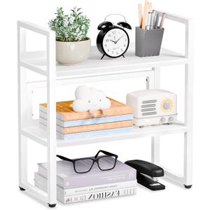 Brakki Desk Shelf Organizer, 2-Tier Desktop Bookshelf, Small Office Shelf | Adjustable Shelf, Metal Desktop Rack for Dorm, with Foot Mat, Multi-Functional Organization, White, Medium