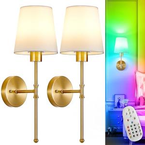 Depuley Battery Operated Wall Sconce: Set of 2 19.99" Wireless Wall Lights with Remote for Bedroom - Rechargeable 15 Colors Gold Wall Lamp for Living Room Hallway Decor