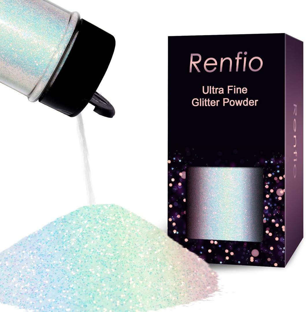 Renfio Iridescent Ultra Fine Glitter Powder Resin Supplies Glitters 1.94 Oz (55g) PET Flake Crafts Sequins 1/128" 0.008" 0.2mm Epoxy Chips Flakes for Tumbler Slime Olympic Decorations - Colorful White