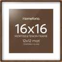 Homeforia 16x16 Picture Frame Brown, Mortise & Tenon Walnut 16 x 16 Wooden Square Frames with Mat 12 by 12 for Wall, 16by16 Dark Wood Frame Matted to 12x12 inch Art, Tempered Glass, Wall Kit, Set of 1