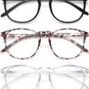 IBOANN Chic & Comfy Blue Light Glasses for Women - 3-Pack Round Frames, Screen-Ready Style with UV Protection Coating (A29 Light Black & Transparent Blue & Tranparent)