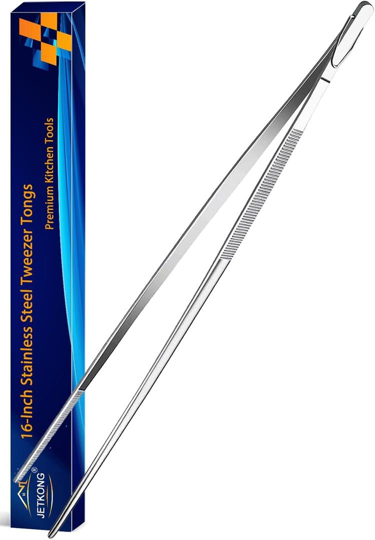 JETKONG 16-Inch Kitchen Tweezers Fine Tweezer Tongs Extra-Long Stainless Steel Cooking Tweezers (Point-Tips)