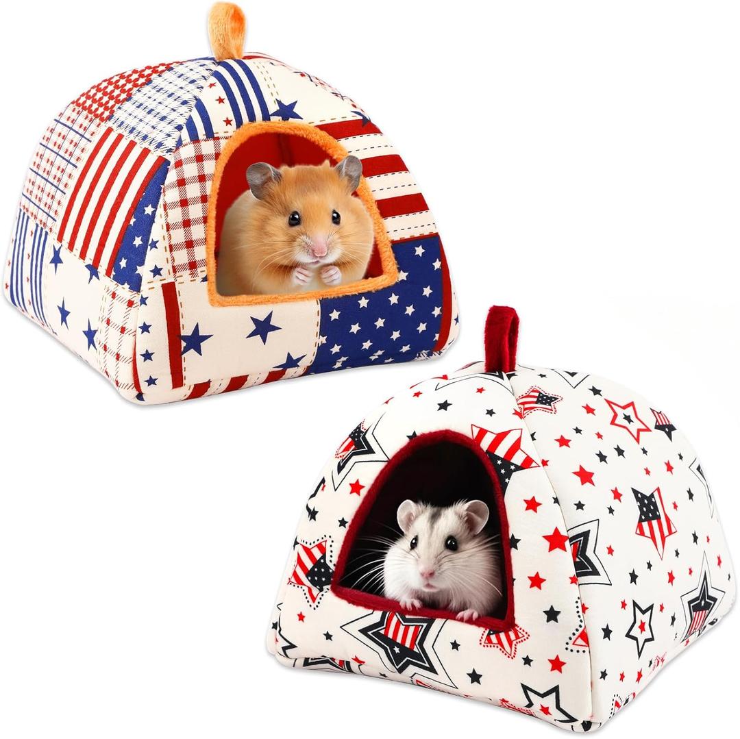 PETKNOWS 2 Pack Guinea Pig Bed, Guinea Pig Hideout Washable Small Animal House Cage Accessories for Dwarf Rabbits Chinchillas Hamsters (7.8 In, Red, Blue and White)
