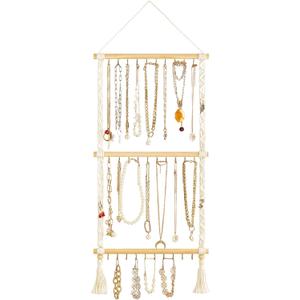 Dahey Hanging Jewelry Organizer Macrame Necklace Holder with 30 Hooks Wall Mounted Jewelry Hanger Over Door Necklace Rack with Tassel for Necklace Bracelet Earring Headband Bow Organizer