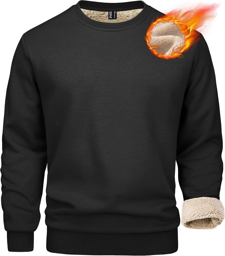 MAGCOMSEN Men's Sherpa Lined Sweatshirts Fleece Pullover Basic Tops Warm Crewneck Winter Sweatshirt X-Large, Black
