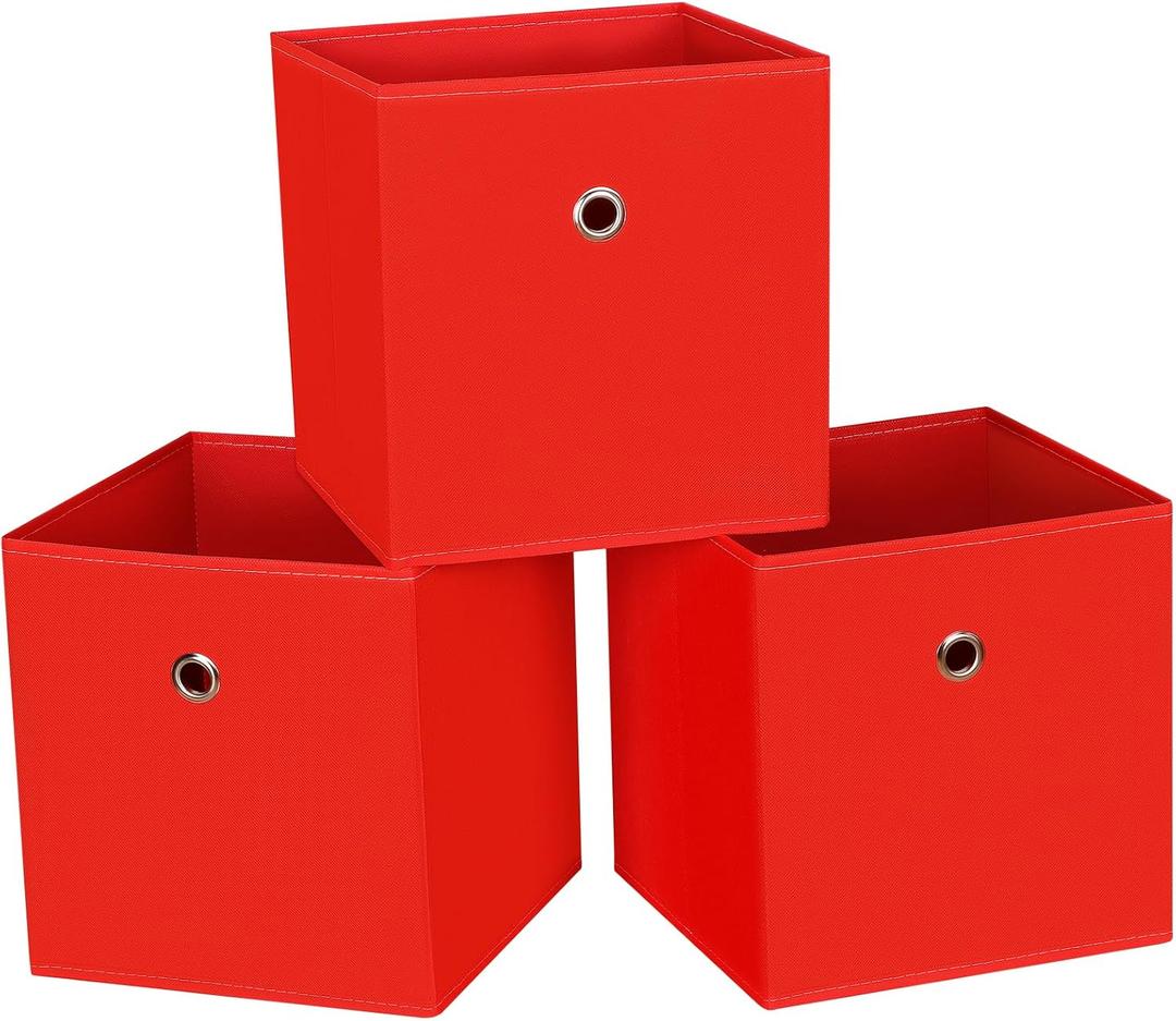 Fabric Cubes Storage Containers ,11 Inch Cloth Storage Cube Foldable Storage Bins Cubes Organizer Baskets with Dual Handles for Shelf Closet Set of 3,(Red)