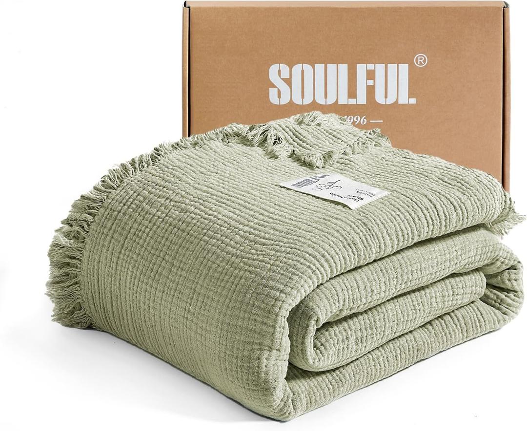 SOULFUL Muslin Throw Blanket with Tassels - Soft King Size Cotton Throw Blanket for Couch or Bed, Lightweight and Breathable Gauze for All Seasons, LightChampagne, 108" x 90"