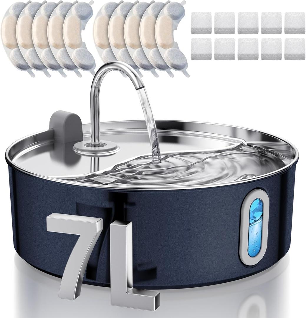 Stainless Steel Dog Water Fountain with 10 Pieces Carbon Filters + 10 Pieces Sponges
