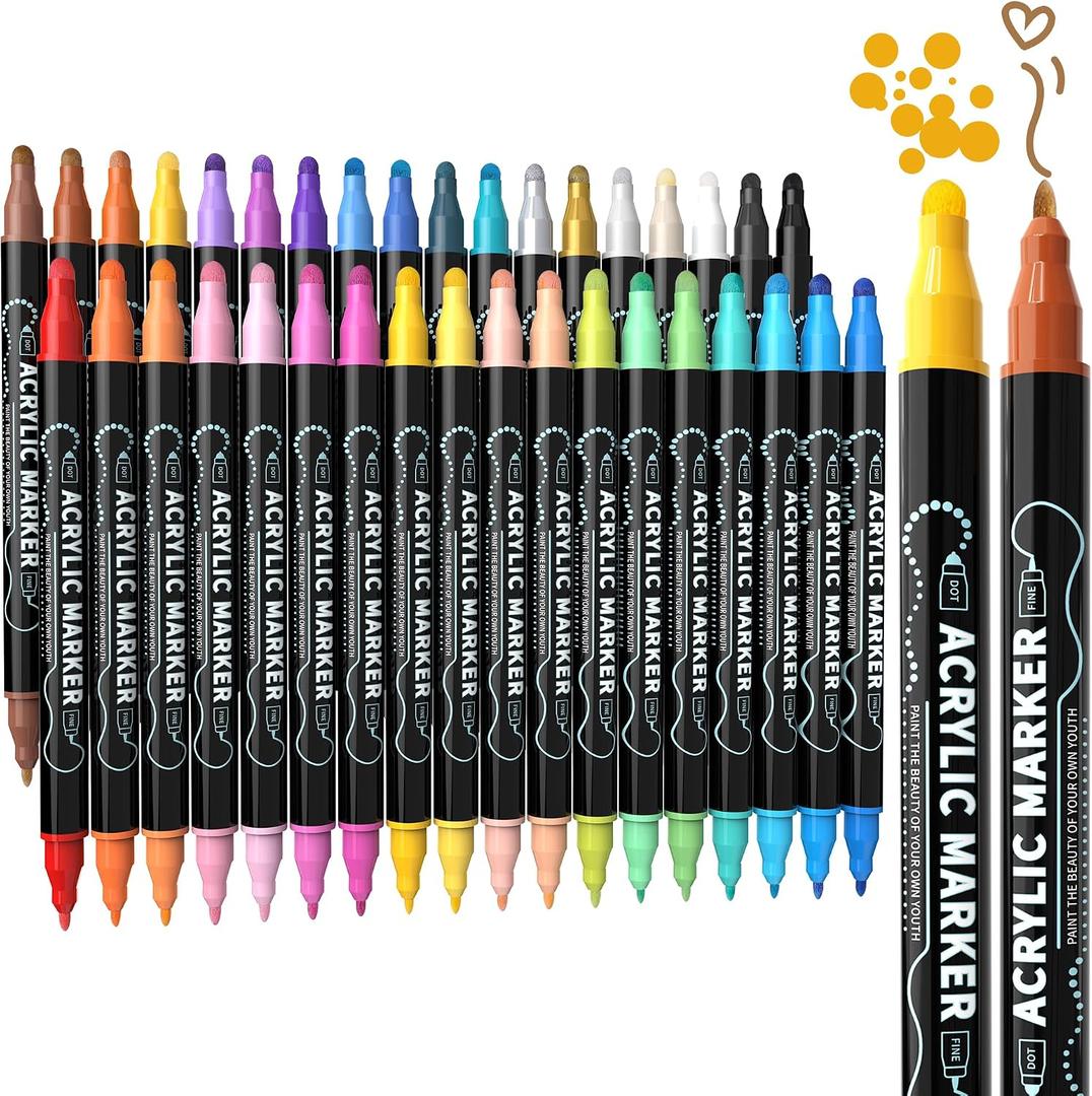 36 Colors Dual Tip Acrylic Paint Markers, Premium Dot & Fine Tip Coloring Paint Pens for Rock, Wood, Fabric, Canvas, Glass, Paper, Ceramic, Scrapbook, Vision Board and DIY Crafts Supplies Art Gifts