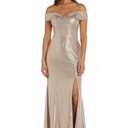 NIGHTWAY Women's Off The Shoulder Shimmer Gown W/Elegant Drape & Slit | Glamorous Evening Cocktail Party Attire Champagne 18