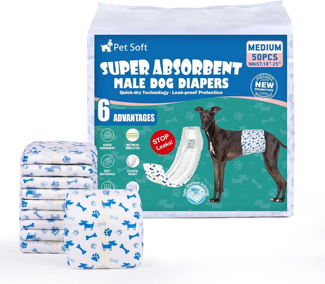Pet Soft Male Dog Diapers - Disposable Male Dog Wraps Wetness Indicator, Puppy Diapers Male for Excitable Urination or Incontinence, 50pcs Medium