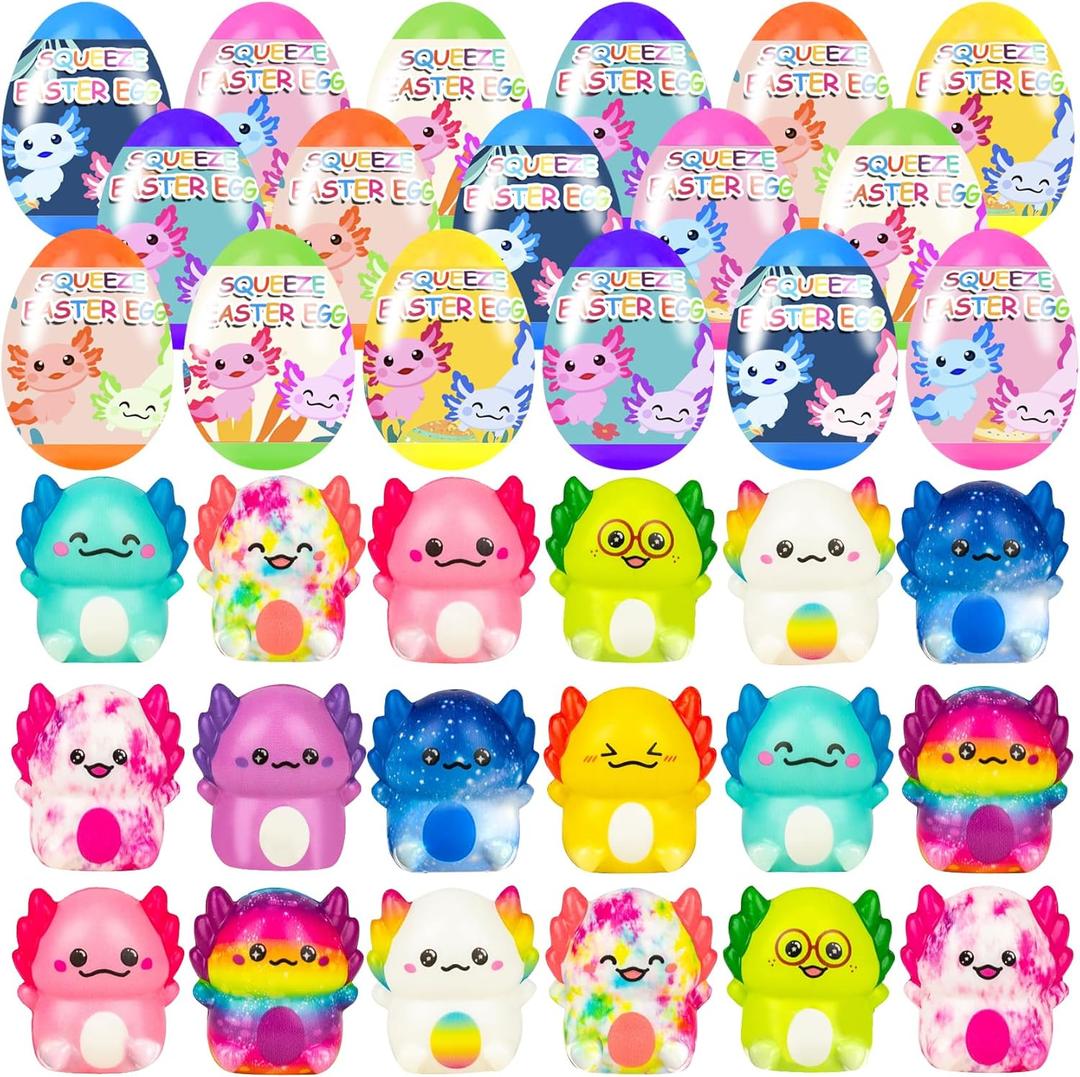 24 Pack Prefilled Easter Eggs with Slow Squishy Toys Axolotl Toy Easter Eggs Filled for Kids Boys Girls Easter Basket Stuffers Party Favors Easter Egg Fillers Hunt
