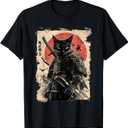 Vintage Japanese Art Anime Graphic Samurai cat Warrior TShirt, L