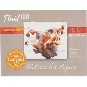 Fluid 100 Watercolor Paper Block, 9 x 12 inches, 15 Sheets, 140 lb (300 GSM) 100% Cotton Cold Press Pad for Artist Painting and Wet Media