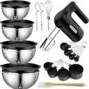 Lord Eagle 5-Speed Hand Mixer Electric With 4 Stainless Steel Mixing Bowls Set, 300W Lightweight Kitchen Handheld Mixer with Measuring Cups & Spoons, Baking Supplies for Cake, Black
