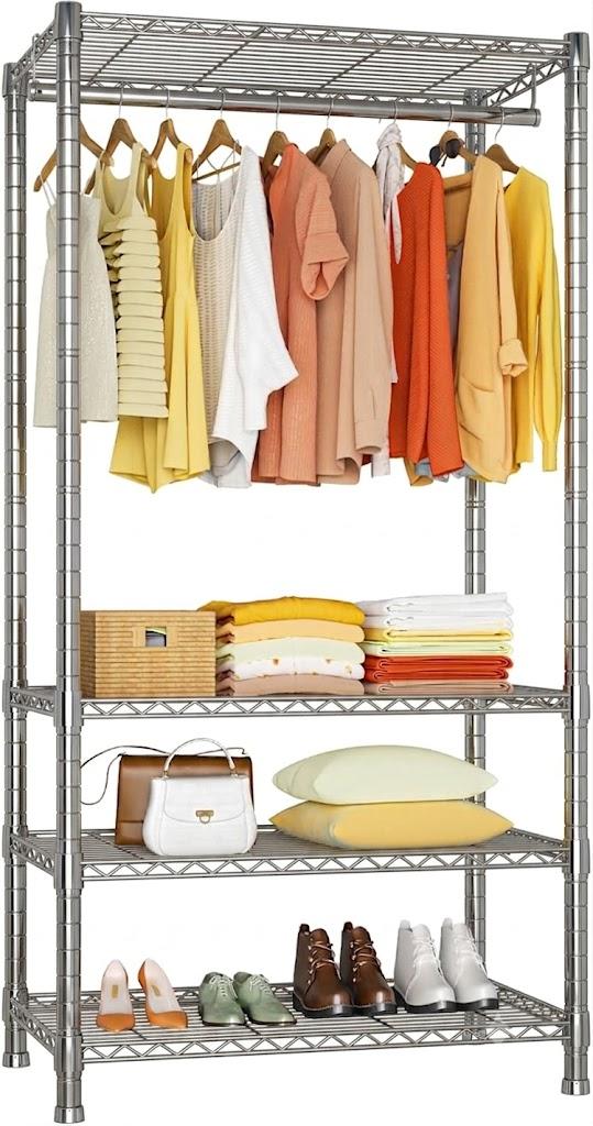 Ulif H2 Heavy Duty Clothes Rack, Freestanding 4 Tiers Garment Rack for Hanging Clothes with Shelves and Hangers, Closet Organizers and Storage Metal Closet Wardrobe System, Max Load 500 LBS, Stainless Steel