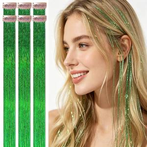 Celinebella Grass Green Clip in Hair Tinsel,Emerald Glimmer,24Inch 80 Strands per Piece,6Pcs Heat Resistant Fresh Hair Extensions for Women Teens St. Patrick Spring Accessories