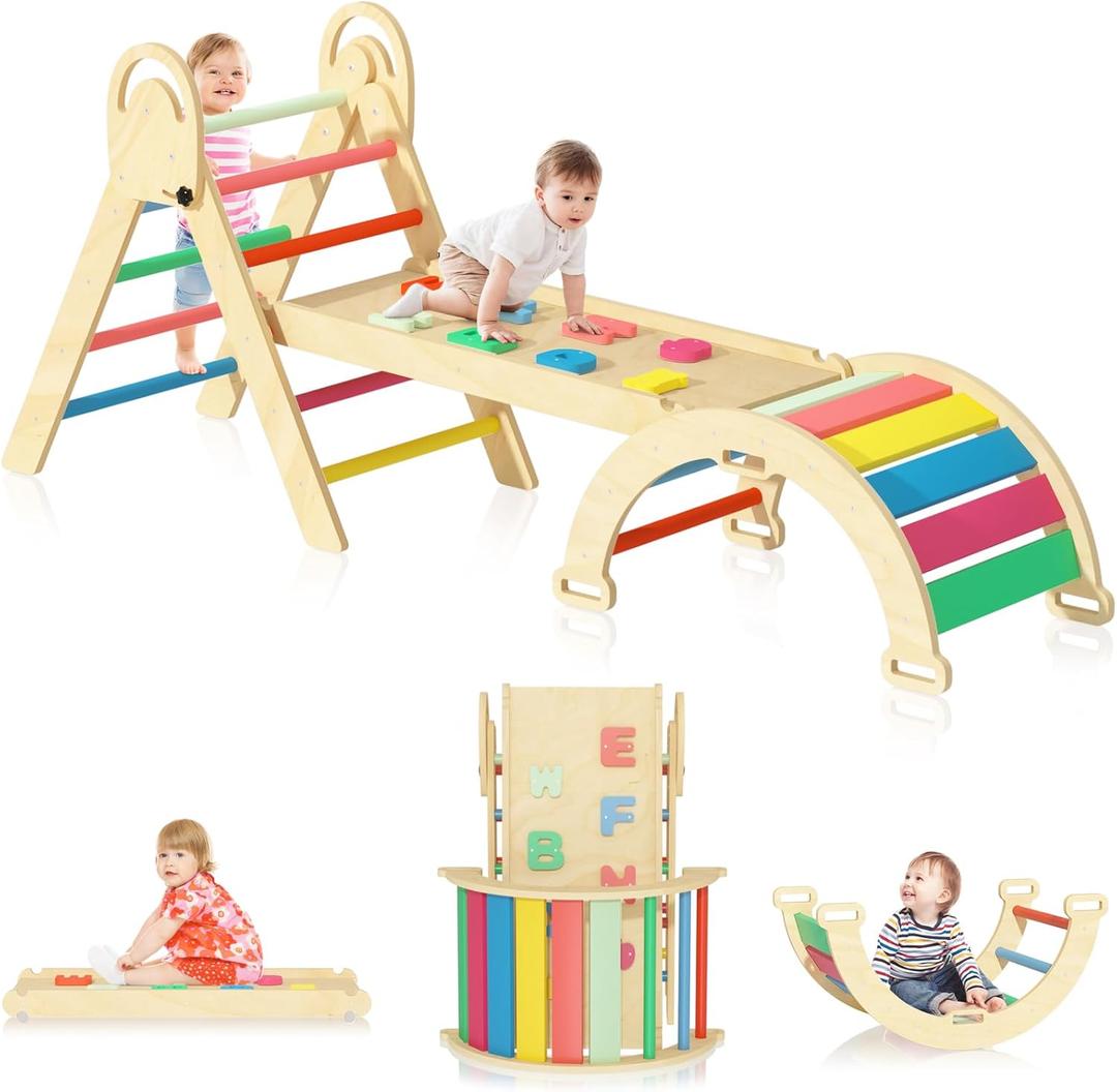 Pikler Triangle Set, Montessori Climbing Set, Baby Climbing Playset Toys Indoor, Jungle Gyms for Toddlers Ages 1-4, Toddler Climbing Playground (Rainbow-Nature)