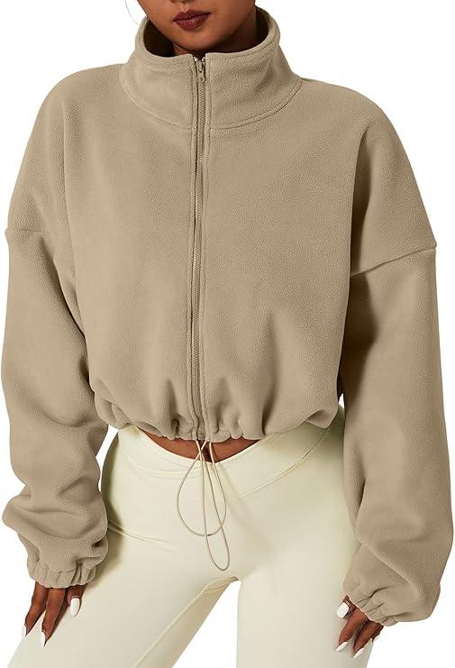 QINSEN Women's Full Zip Fleece Short Jacket Warm Winter Long Sleeve Stand Collar Sherpa Crop Coat, L